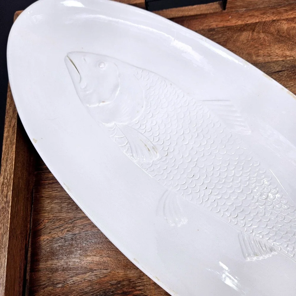 Vintage Lg White Ceramic Fish Platter Oval Serving Tray Decor Made in Italy 17in